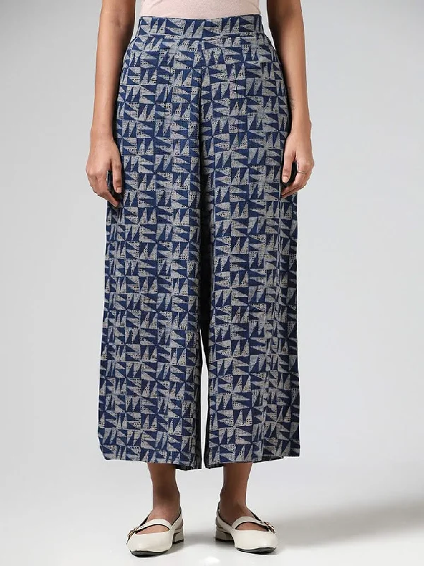Utsa Indigo Geometric Printed Wide-Leg Pants Lightweight Jogger Pants