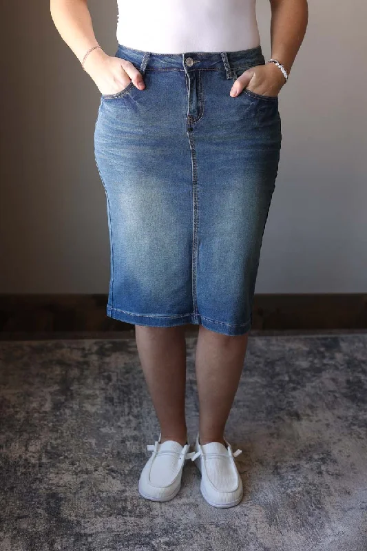 Vintage Wash Solid Stretch Midi Denim Skirt velvet skirt luxury