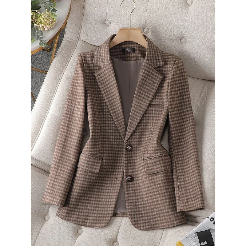 CAROLINE SUITS Women's Elegant Stylish Fashion Office Professional Woven Khaki Brown Plaid Blazer Jacket Denim Fabric Leather Fabric Suede Fabric