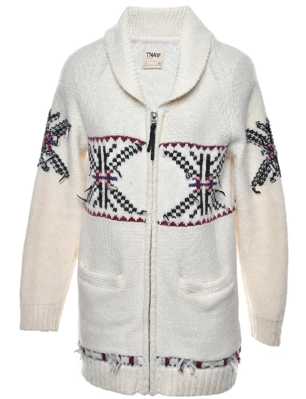 Cream Zip Front Cardigan - M Spandex Rayon Corduroy