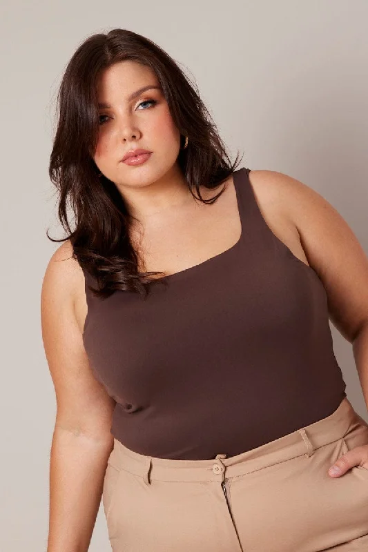 Brown Tank Top Square Neck Supersoft cold shoulder tank