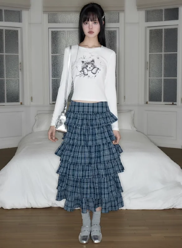 Blue Plaid Slimming Cake Skirt PUN0016 belted skirt waist