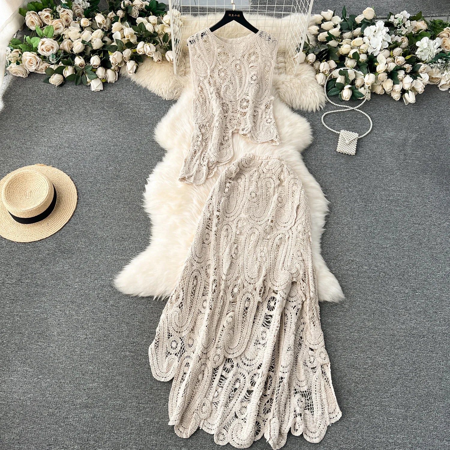 2024 Sexy Crochet Outfit Sleeveless Top And Midi Skirt 2 Piece Set For Women chiffon skirt flowing