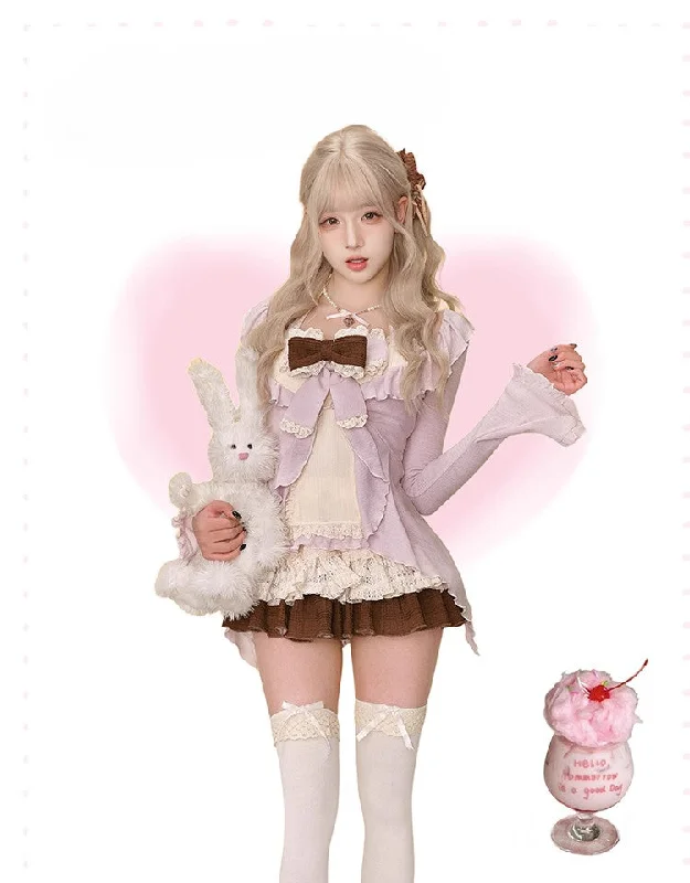 Lace Camisole/Purple Cardigan/Cake Skirt SER0127 pleated skirt texture