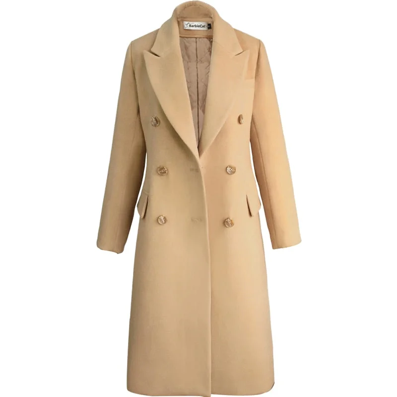 NORA Design Women's Fine Fashion Elegant Luxury Style Brown Carmel Long Wool Coat Jacket Collared Jacket Crew Neck Jacket Turtle Neck Jacket