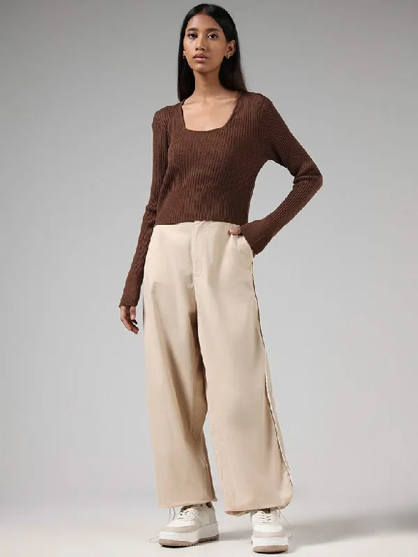 Nuon Solid Beige High-Waisted Cotton Blend Parachute Pants Classic Chino Pants