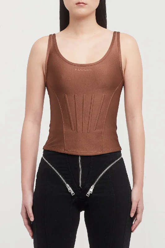 Mugler Shiny Lycra Corseted Tank Top in Cinnamon spandex blend tank