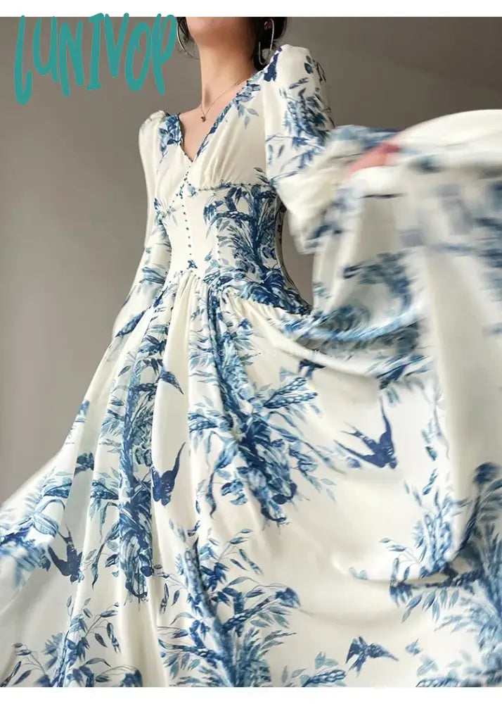 Lunivop French Summer Midi Fashion Floral Beading High Waist A Line Party Dresses Women Vintage Elegant Lantern Sleeve Chic Casual Dress Tunics Bridal satin