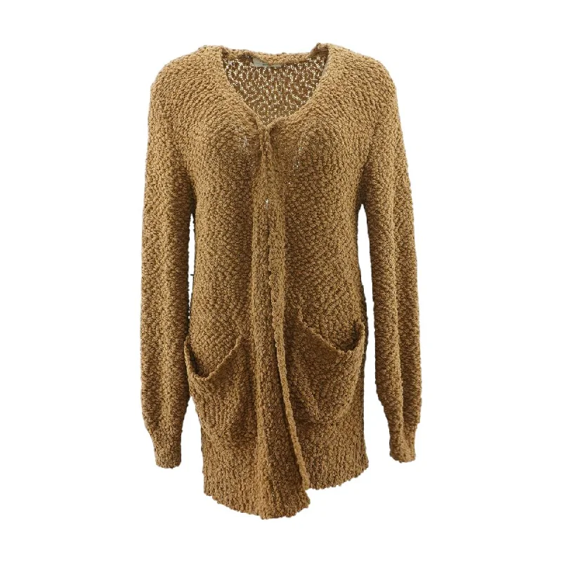 Brown Solid Cardigan Sweater Tailored Straight A-Line