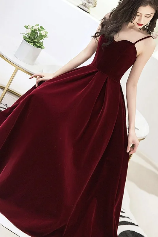 Wine Red Velvet Straps V-Neckline Party Dress, Long Burgundy Prom Dress Evening Dress    cg19160 Tunics Leisure comfortable