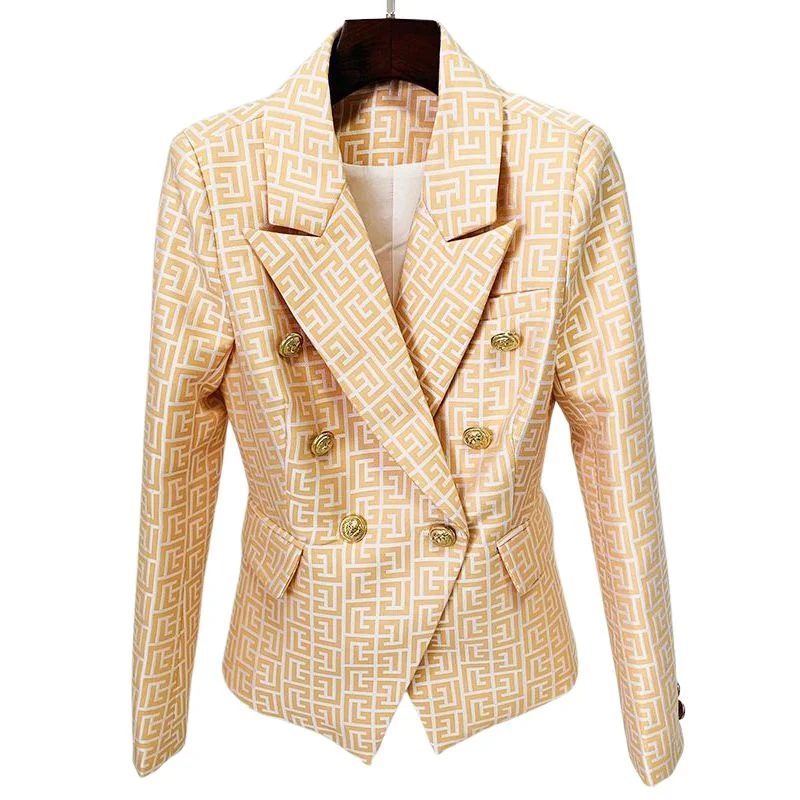 HIGHSTREET Women's Elegant Stylish Fashion Geometric Design Office Business Casual Professional Style Gold Blazer Jacket Collared Jacket Crew Neck Jacket Turtle Neck Jacket