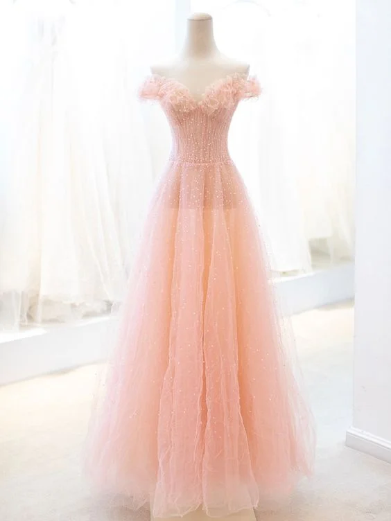 Pink Tulle Sequins Long Prom Dress, A-Line Lovely Evening Party Dress     cg25118 Off-the-shoulder Chic Trendy