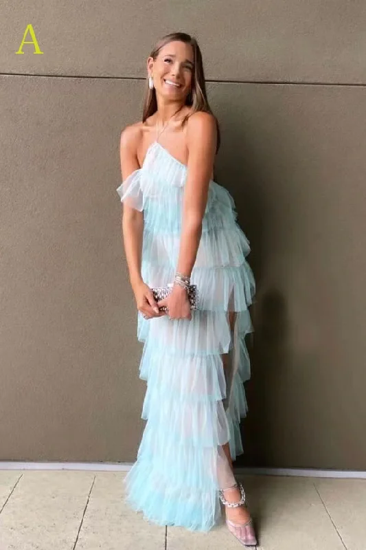 New Style Halter Ruffles Tulle Prom Dress With Slit,Charming Long Party Dress  cg24858 Tunics Evening elegant