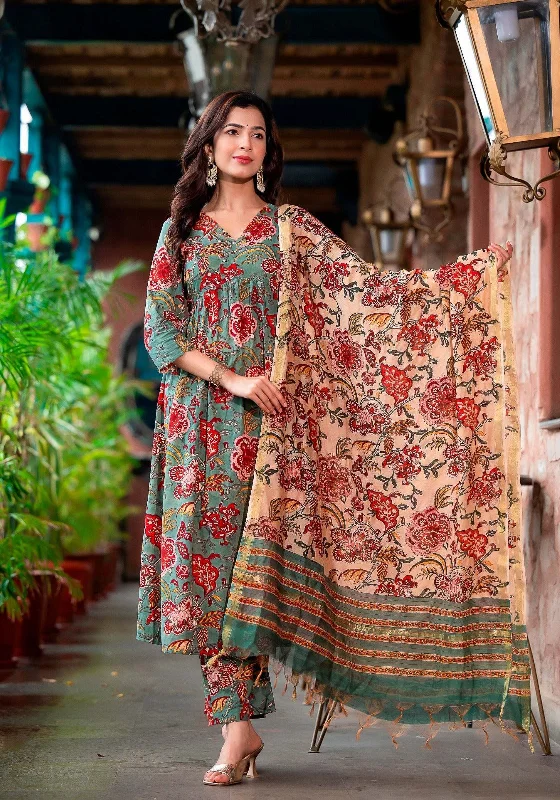 Women's Grey And red Printed Viscose Rayon Kurta, Pant And Dupatta Set - Alvami Elegant Trouser Pants