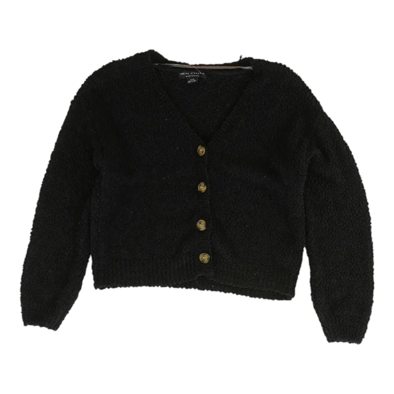 Black Solid Cardigan Sweater Denim Fabric Leather Fabric Suede Fabric