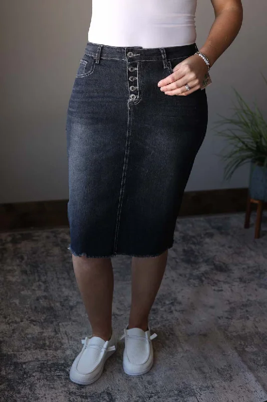Fray Button Fly Midi Black Denim Skirt asymmetrical skirt cut