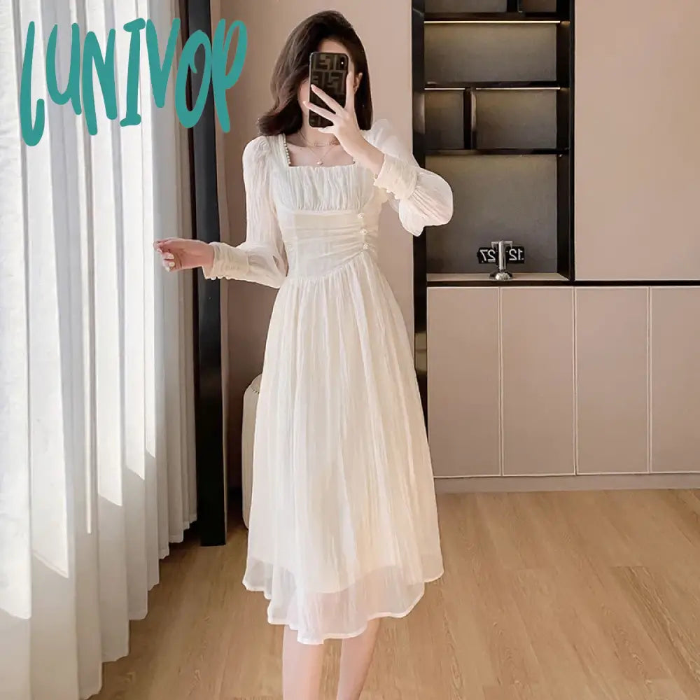Lunivop French Elegant Princess Evening Party Dresses Women's Spring and Summer Temperament Square Neck Bubble Long Sleeve Vest Dresses Tunics Review highly