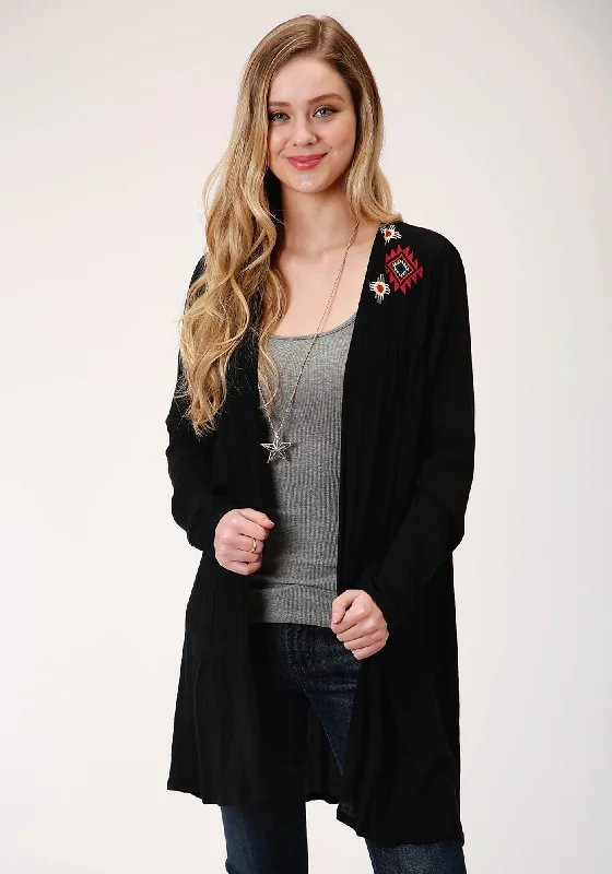 Roper Womens Black Rayon/Nylon Western Embroidery Cardigan Fitted Loose Oversized