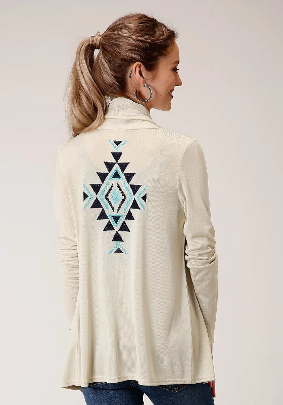 Roper Womens Cream Polyester Aztec Knit Cardigan Print Jacquard Patchwork