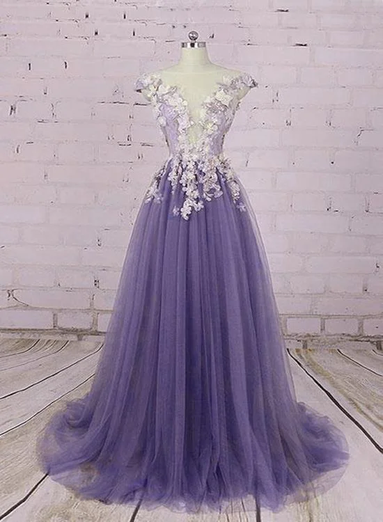 Light Purple Tulle Floral Long A-Line Prom Dress Wedding Party Dress, Lace Flowers Party Dress    cg22375 Tunics Polka dots