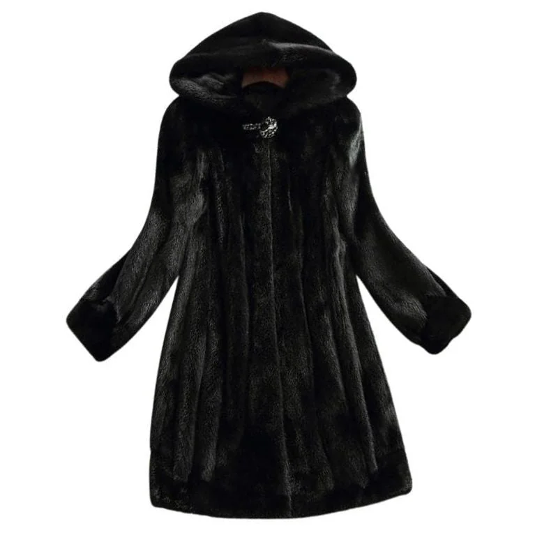 LAUTARO Women's Fine Fashion Luxury Style Long Hooded Faux Fur Black Coat Jacket Tiered Jacket Buttoned Jacket Zippered Jacket