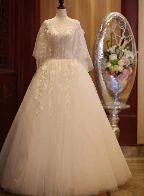 Charming Beautiful Ivory Tulle With Flowers Long Wedding Party Dress, Tulle Simple Wedding Dress Prom Dress Party Dress   cg21630 Tunics Chic fashionable