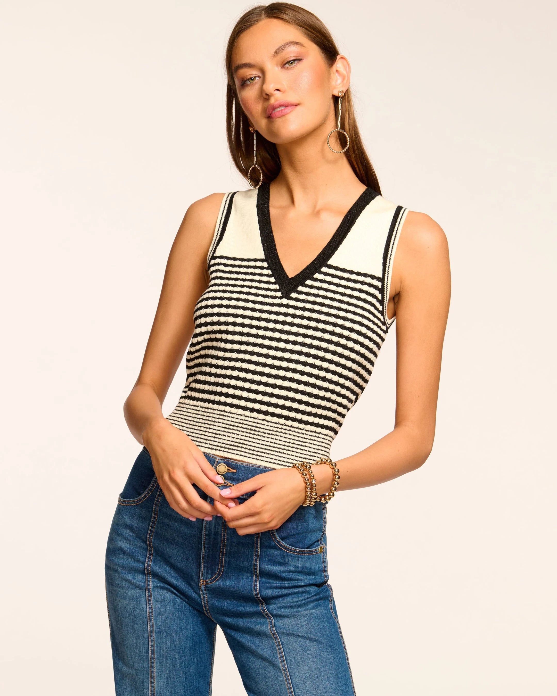 Elle V-Neck Knit Tank Top Black/Ivory Textured Stripe - Ramy Brook baby blue tank