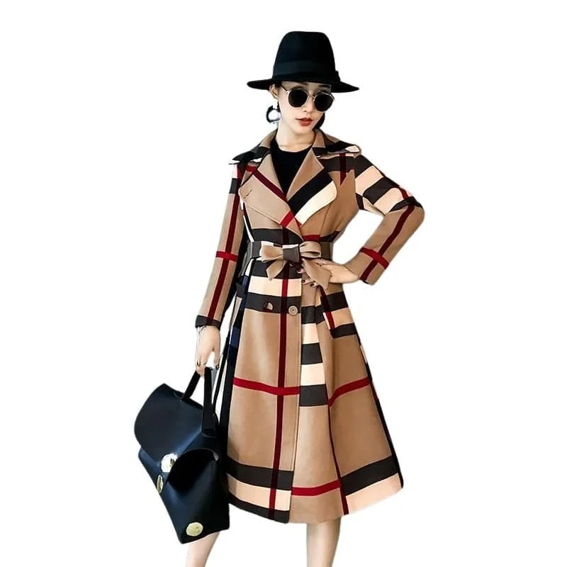 VROSE Design Women's Fine Fashion Vintage Brown Khaki Plaid Elegant Luxury Designer Coat Jacket Wool Jacket Cashmere Jacket Tweed Jacket