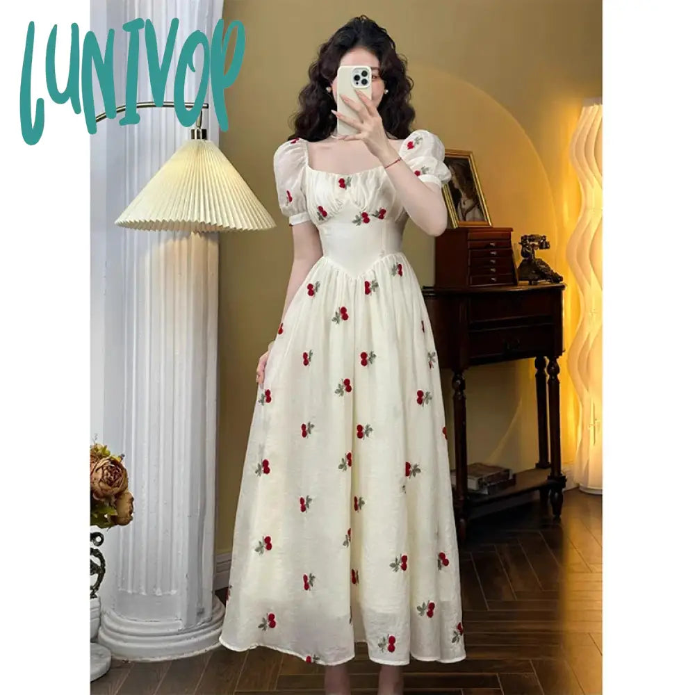 Lunivop Square Collar Sweet Cherry Embroidery Puff Short Sleeve Party Dress 2024 Summer Women Elegant Princess A-line Dress Tunics Silk luxurious