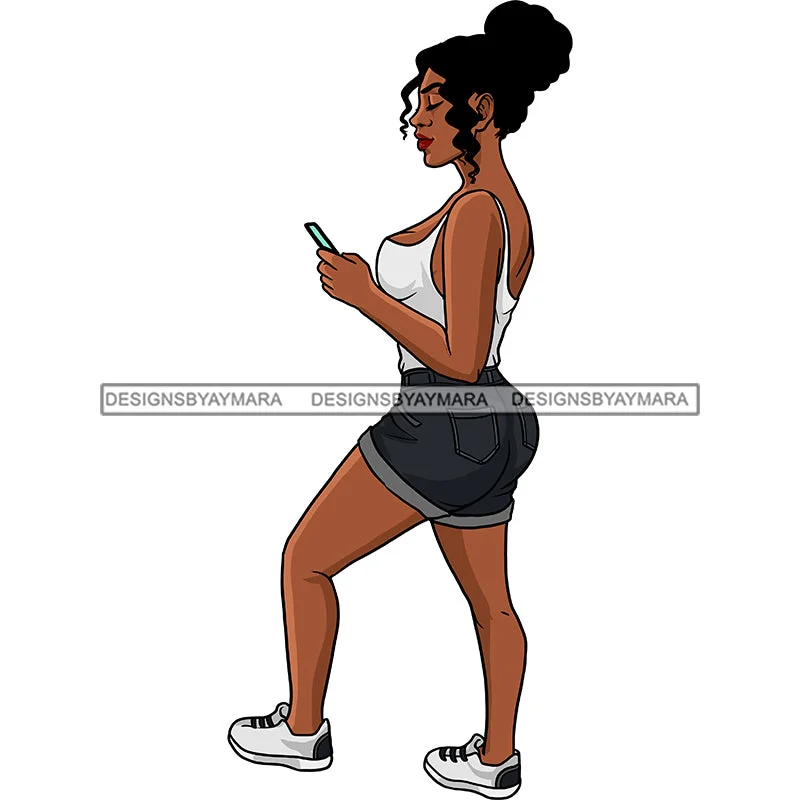 Young Black Woman Jean Shorts White Tank Top Cellphone Mobile White Sneakers Hips Transparent Coloring Clipart Graphic  Skillz JPG PNG  Clipart Cricut Silhouette Cut Cutting turquoise tank top