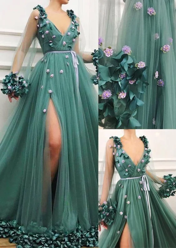 Deep V-Neck Dark Green Party Dresses 3D Floral Appliques Decoration A Line Evening Gowns Prom Dresses    cg19680 Tunics Denim casual