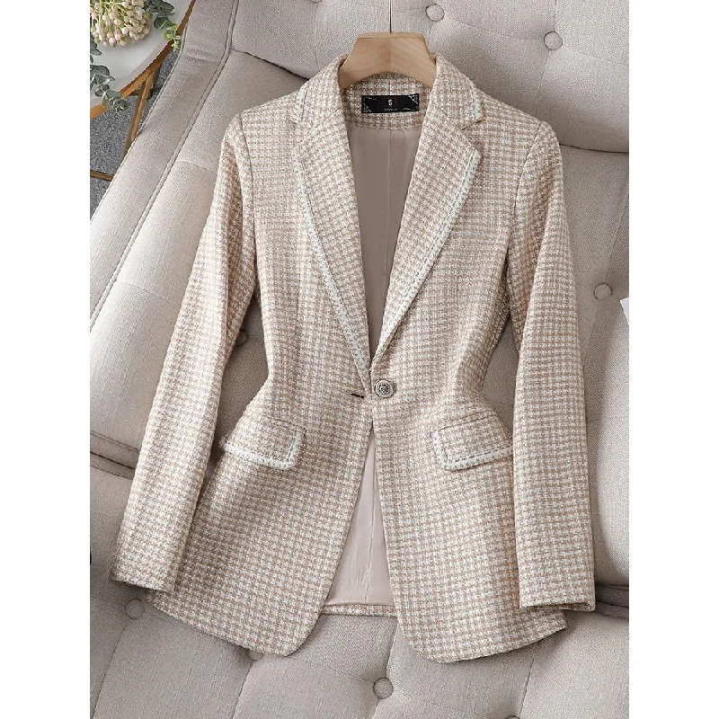 CAROLINE SUITS Women's Elegant Stylish Fashion Office Professional Woven Light Brown Carmel Plaid Blazer Jacket Print Jacket Jacquard Jacket Patchwork Jacket CAROLINE SUITS Women's Elegant Stylish Fashion Office Professional Woven Light Brown Carmel Plaid Blazer Jacket Print Jacket Jacquard Jacket Patchwork Jacket