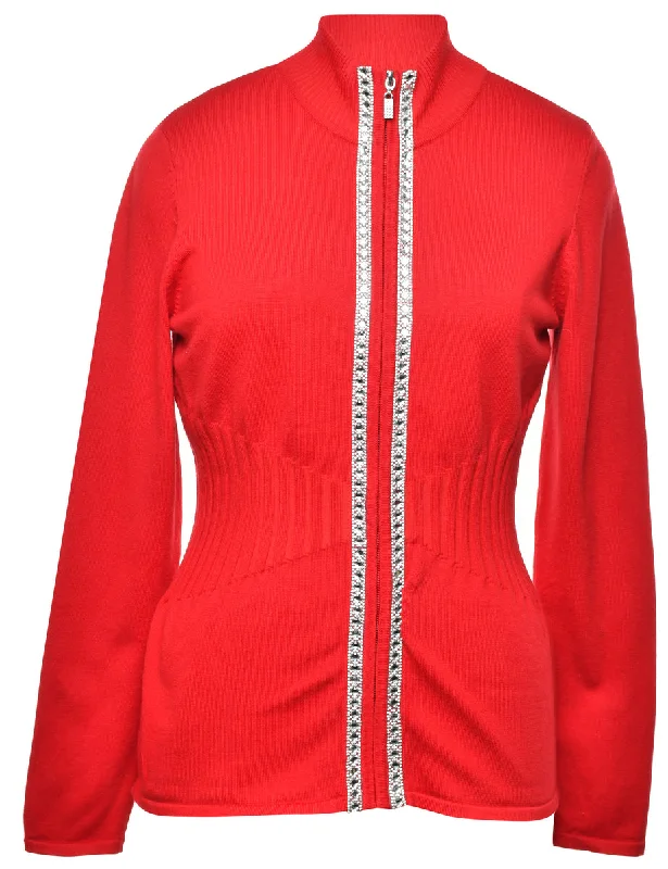 Beaded Red Cardigan - M Welt Pockets Slit Pockets Flap Pockets