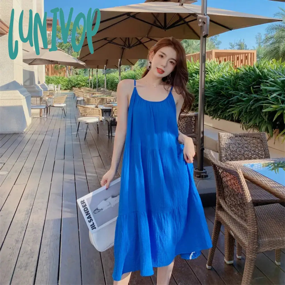 Lunivop Elegant Muslin Dress For Women Summer Sexy Spaghetti Strap Sleeveless Blue Casual Beach Holiday Party Dresses Vestidos Sundress Turtleneck Warm Winter