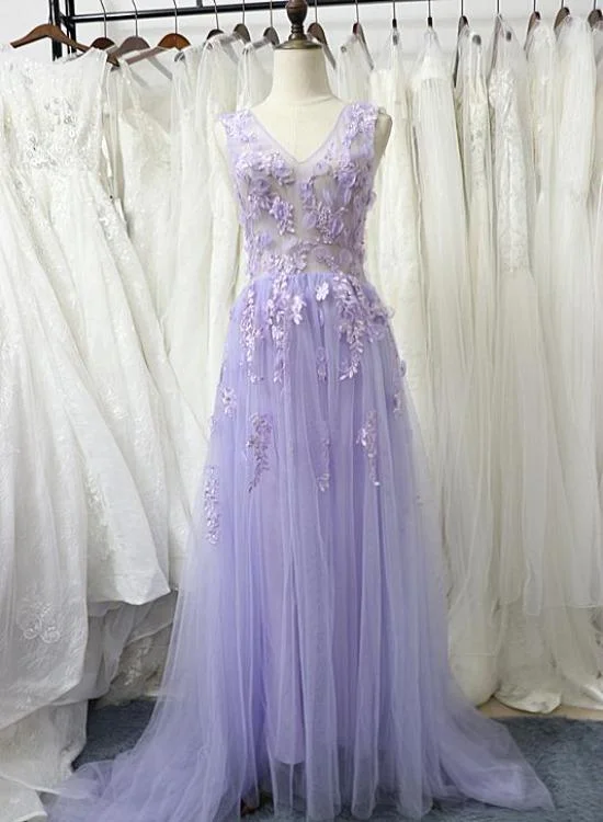 Charming Tulle Floral Light Purple Long Party Dress, A-Line Prom Dress 2021   cg14973 Tunics Trendy modern