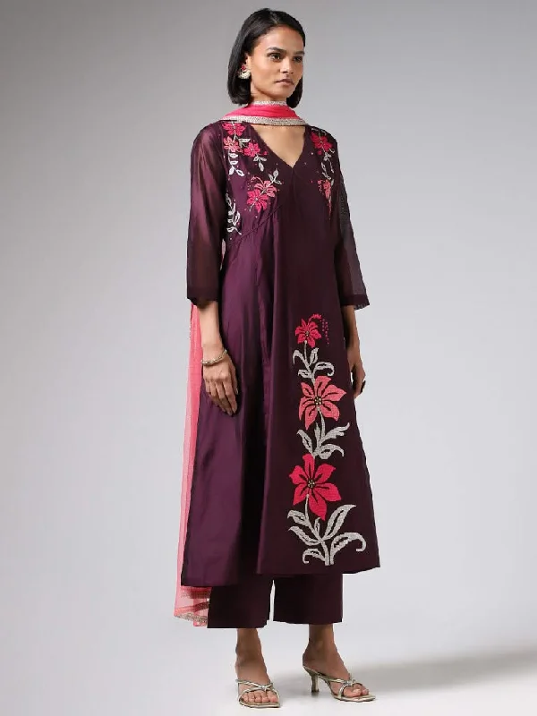 Vark Purple Floral Embroidered Kurta, Pants & Dupatta Set Modern Stretch Trousers
