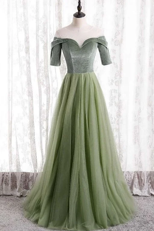 short sleeves sage green tulle long formal dress party dress prom dress    cg20231 Glittery Long Formal