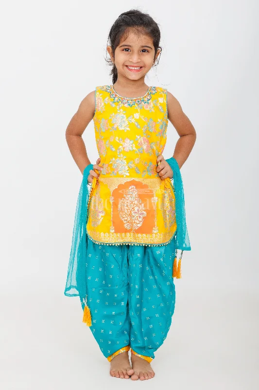 Mustard Yellow Banarasi Silk Blend Gharara Set with Green Patiala Pants and Dupatta for Girls Modern Bootcut Pants