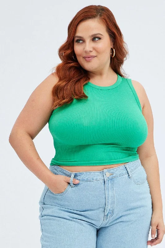 Green Crew Neck Sleeveless Seamless Tank Top scoop neck tank