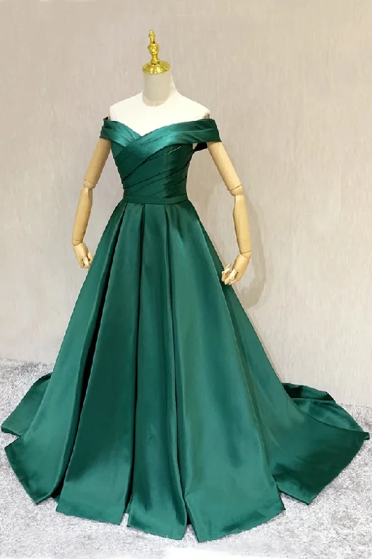 Dark Green A-Line Sweetheart Off Shoulder Satin Junior Prom Dress, Green Wedding Party Dress   cg21264 Square Neckline Feminine