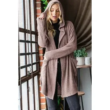 Dreaming Again Dark Mocha Hooded Open Cardigan Front Pockets Side Pockets Patch Pockets