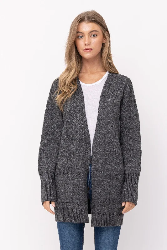 Long Road Ahead Charcoal Gray Long Sleeve Cardigan Solid Color Striped Floral Print