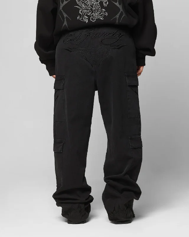 Ed Hardy Electric Cargo Pants Washed Black Comfortable Jogging Pants