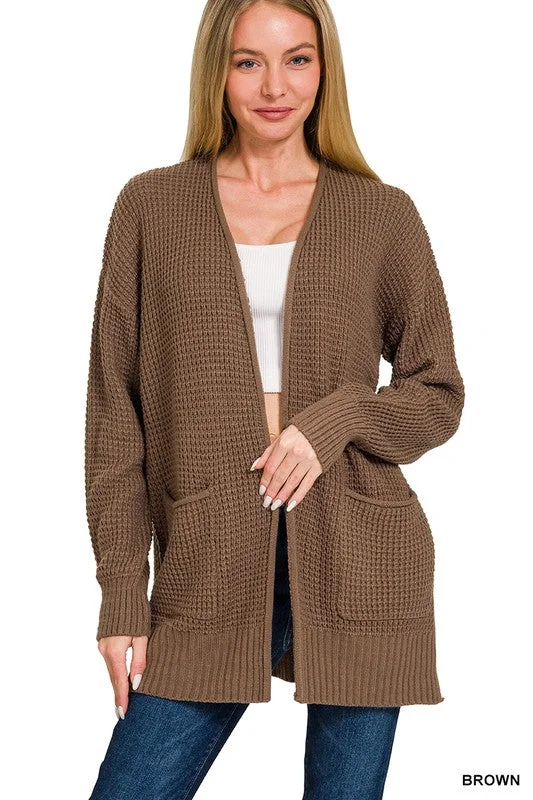 Find Your Roots Brown Waffle Knit Pocket Cardigan Collared Crew Neck Turtle Neck