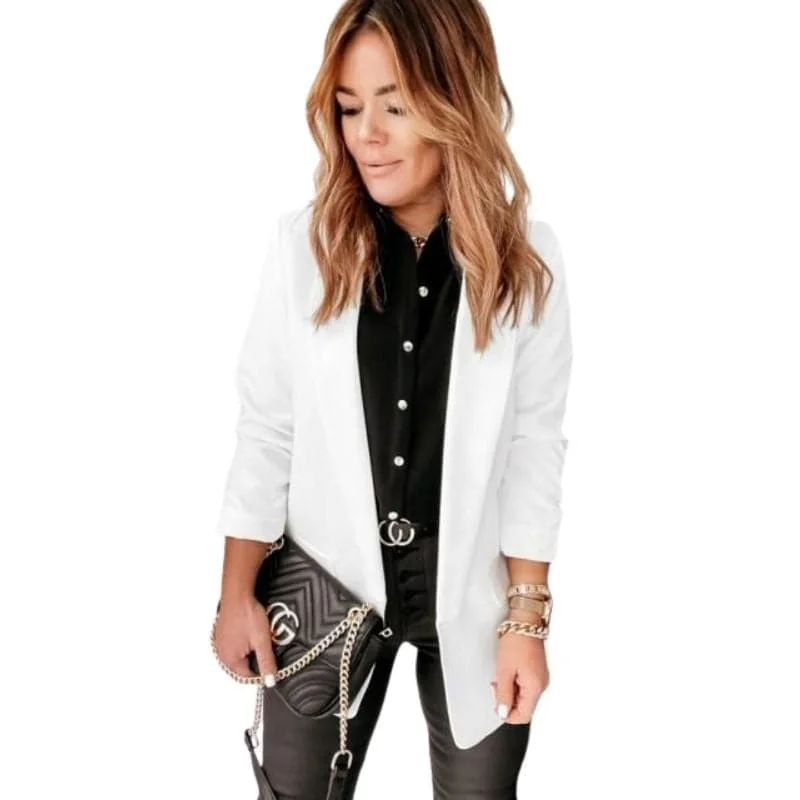 YIHA Women's Elegant Stylish Fashion Office Business Professional White Blazer Jacket Ribbed Jacket Pleated Jacket Ruffled Jacket