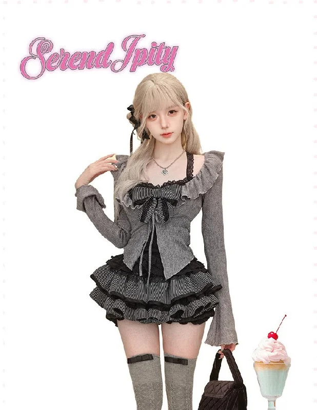 Twilight Black Lace Camisole/Gray Knit Cardigan/Short Skirt SER0084 seamless skirt comfort