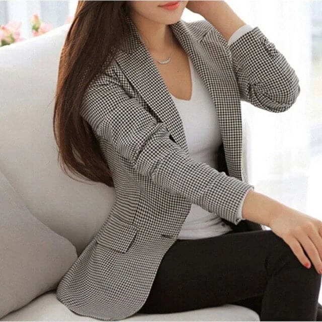 CHECKERED Women's Fine Fashion Mesh Design Black & White Checkered Blazer Jacket Insulated Jacket Fitted Jacket Loose Jacket