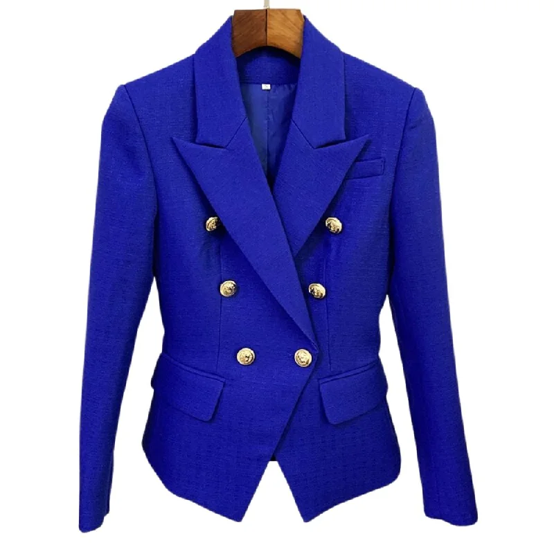 HIGHSTREET Women's Elegant Stylish Fashion Office Professional Woven Plaid Royal Blue Blazer Jacket A-Line Jacket Boat Neck Shawl Collar