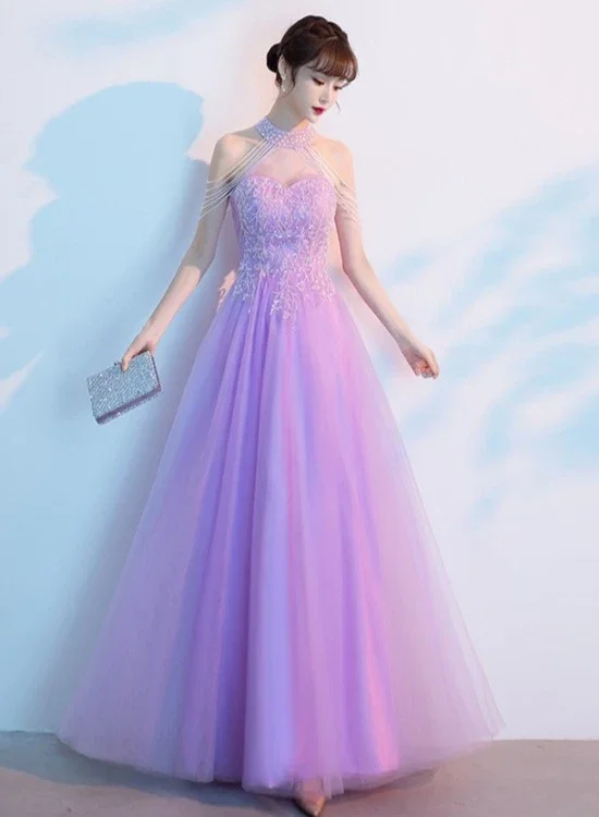 Purple Tulle Beaded Floor Length A-Line Prom Dress, Long Evening Dress Party Dress   cg22029 Tunics Wedding white