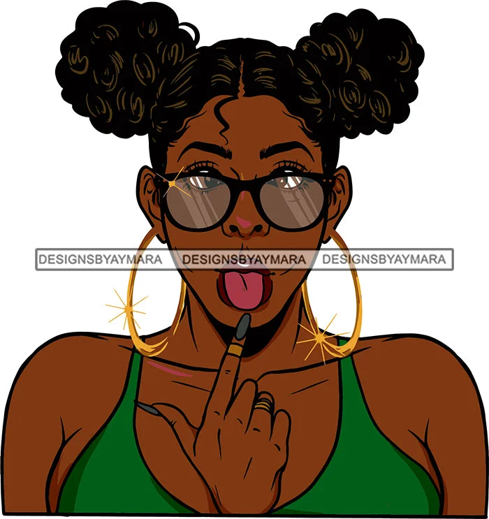 Afro Urban Street Ghetto Girls Babe Hoop Earrings Doble Buns Pigtail Hair Style Sexy Green Tank Top Tongue Glasses Nails SVG Cutting Files For Silhouette Cricut white tank top